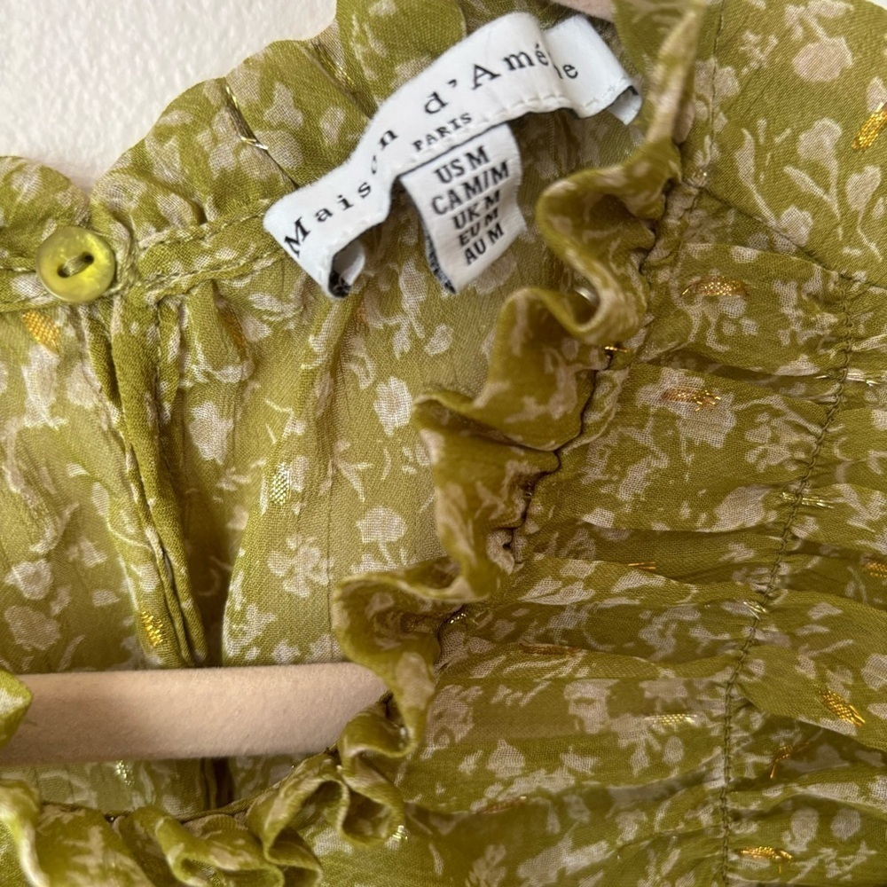 Maison d’Amelie Paris Green Floral Metallic Blouse Medium Romantic - Picture 2 of 2